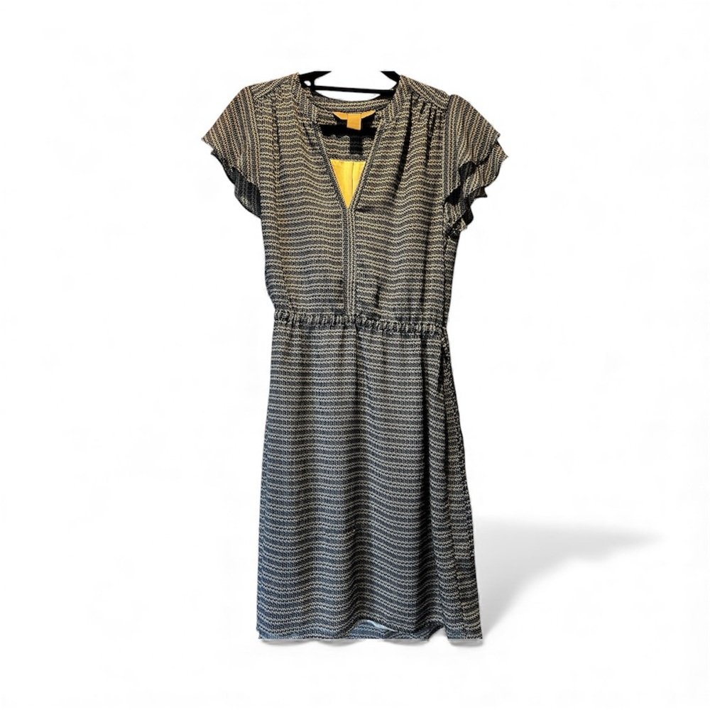 H&M Small blue white and black mini dress drawl string waist